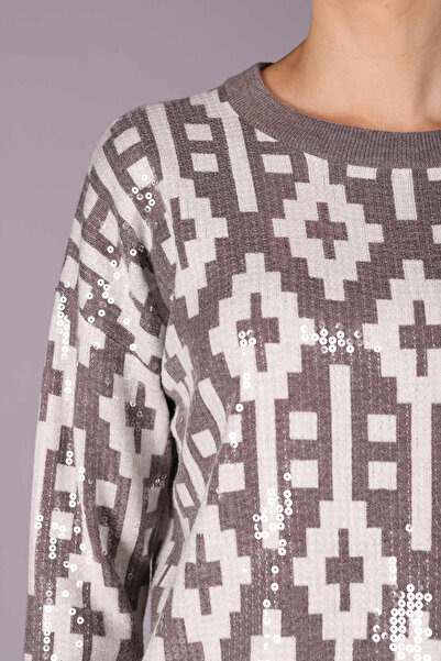Sempre Women's Sequin Sequin Detailed Ethnic Patterned Long Sleeve Woolen Sweater 2532