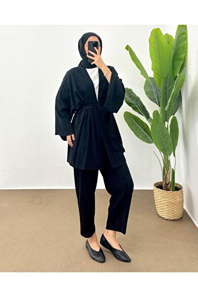 hueonline Black Linen Kimono and Trousers Set