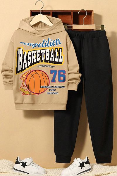 uyguntarz Bequemes Kinder-Trainingsanzug-Set mit Basketball-Aufdruck
