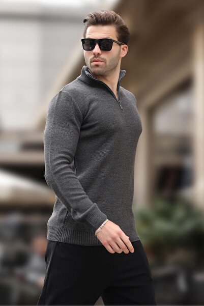 Madmext Antrasit Fermuar Yaka Uzun Kollu Örme Kazak 7286