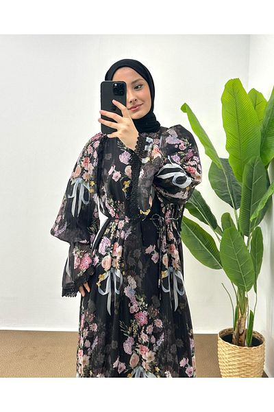 hueonline Black Chiffon Dress - Floral Pattern