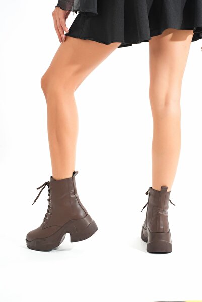 serkanseyyid FZ-2550 Kahverengi Yüksek Tabanlı Bağcıklı Fermuarlı Günlük Kadın Bot