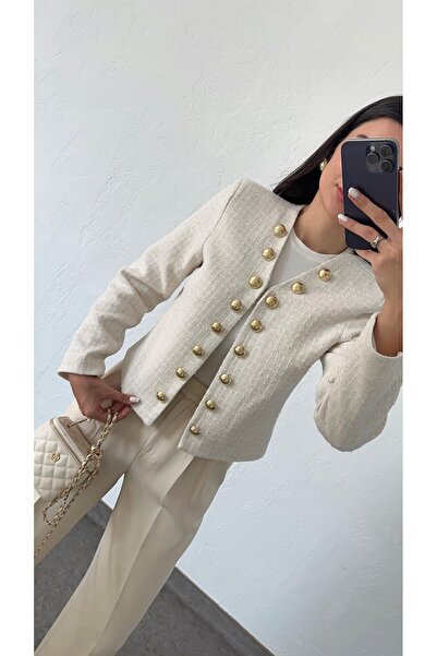 HARMONY GLOBAL Dámská krátká tvídová bunda Ecru Gold Button Detailed 50136
