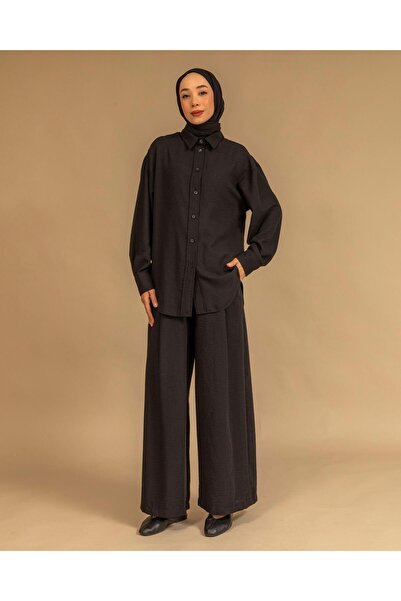 Meri Store Ön Ve Arkası Düğme Detaylı Siyah Keten Takım