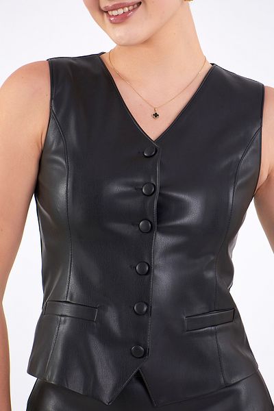 Volanlı Faux Leather Vest