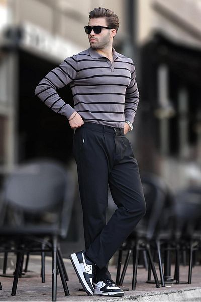 Madmext Gray Buttoned Polo Collar Striped Long Sleeve Sweater 7263