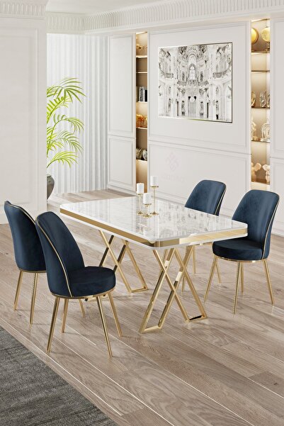Canisa Vals Serisi 80x130 Lak Panel Beyaz Mermer Desen Masa Takımı Gold Ayaklı 4 Antrasit Sandalye