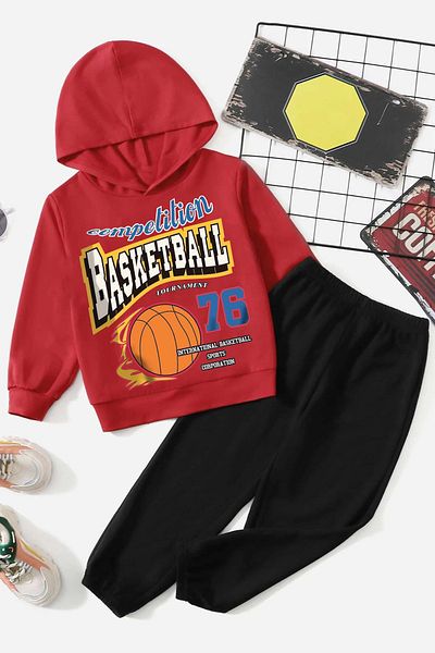 uyguntarz Bequemes Kinder-Trainingsanzug-Set mit Basketball-Aufdruck