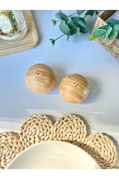 Mottogo Set of 2 Bamboo Ball Shaped Salt and Pepper Shakers - 7X6.2 cm