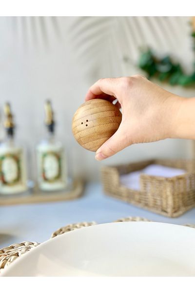 Mottogo Set of 2 Bamboo Ball Shaped Salt and Pepper Shakers - 7X6.2 cm