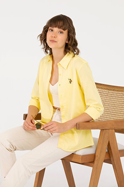 U.S. Polo Assn. Cămașă de bază cu mânecă lungă, galben deschis, pentru femei ...