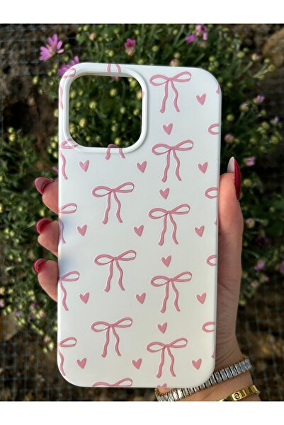 OVADA İphone 14 Pro Max Uyumlu Kalp ve Kurdele Desenli İçi Kadife Silikon Kılıf