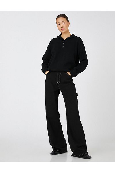 Koton Tricotaj oversize Pulover cu glugă guler cu nasturi