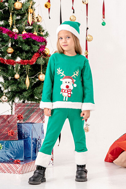 Beniizle Geyik Nakışlı Şapkalı Unisex Noel Çocuk Takım