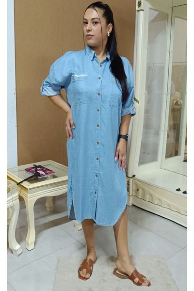 AKŞEN GİYİM Plus Size Slim Jeans Denim Shirt Collar Jean Dress - Neck Button and Foldable Sleeve
