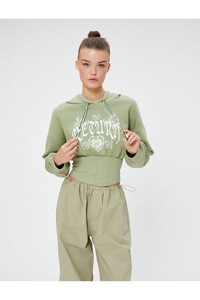 Koton Hooded Slim Fit Raster Crop Sweatshirt - Printed Corset Look
