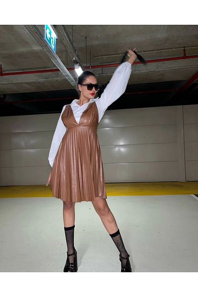 1Moda1Tarz Γυναικείο φόρεμα πουκάμισου από εισαγόμενο δέρμα και υφαντό ύφασμα με πλισέ επένδυση
