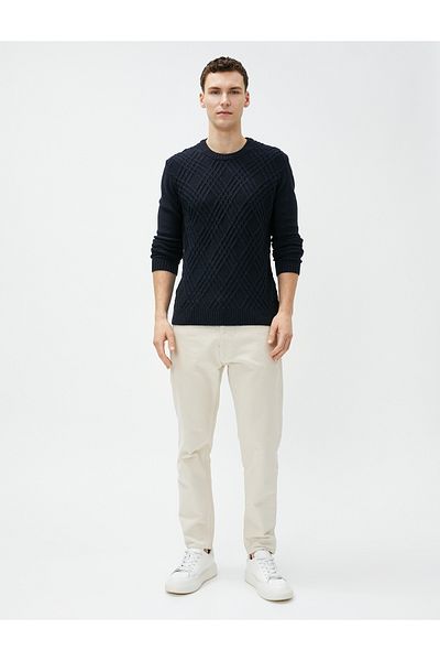 Koton Strickpullover mit Rautenmuster, langen Ärmeln und Rundhalsausschnitt