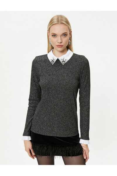 Koton Glittery μπλούζα - Γιακάς, μακρυμάνικη χειροποίητη συλλογή με λαμπερές πέτρες