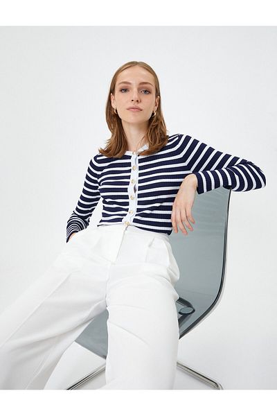 Koton Knitwear Cardigan Gold Buttoned Ribbed Crew Neck