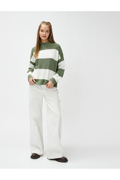 Koton White Green Striped Crew Neck Women's Sweater - 4WAL90008HT