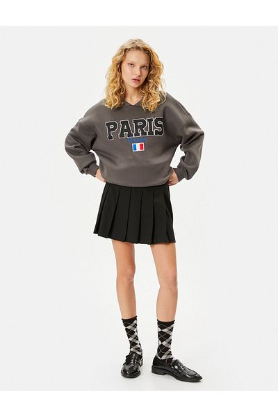Koton Shirt Collar Sweatshirt Paris Printed Embroidered Long Sleeve Cotton