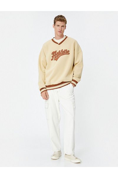 Koton Φούτερ V-Neck Oversize College - Απλικέ Κεντημένο Ανυψωμένο