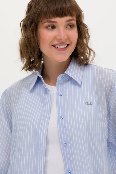 U.S. Polo Assn. Cămașă cu mânecă scurtă cu aspect de in albastru pentru femei 50263177-VR036