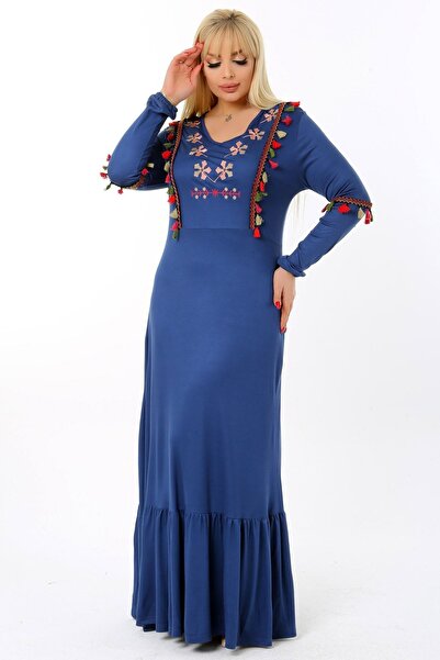 Kheos Embroidered V-Neck Tasseled Ruffle Skirt Long Sleeve Full Length Dress