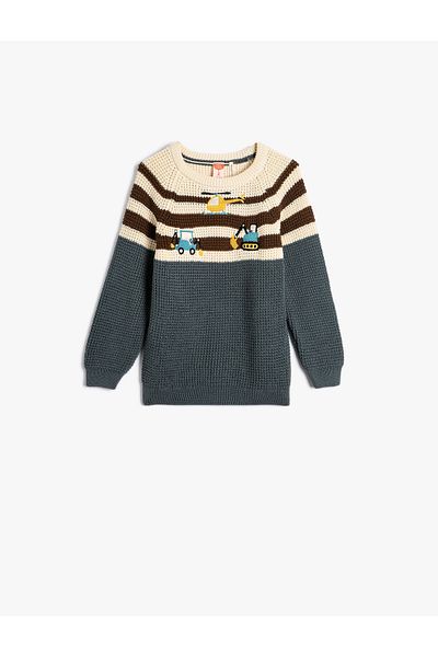 Koton Sweater Long Sleeve Round Neck Embroidery Detailed Tools Themed