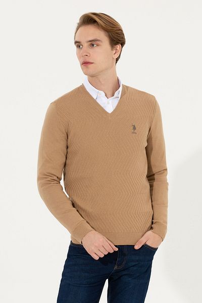 U.S. Polo Assn. Pulover pentru bărbați Camel Melange cu decolteu în V 50258314 -vr122