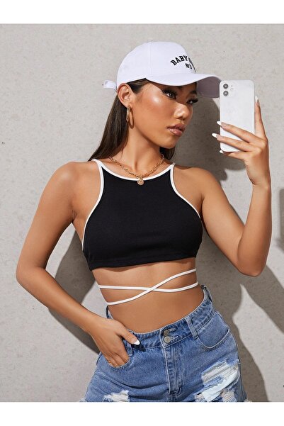 Liona Askılı Halter Yaka İpli Siyah Renk Fitilli Crop Top Bluz