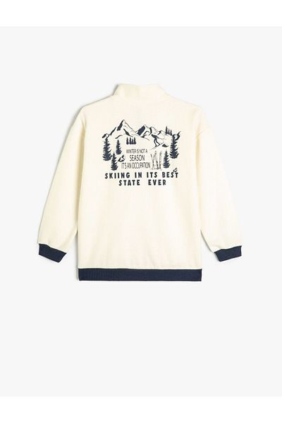 Koton Sweat Stand Collar Half Zipper Ski Themed Print Detailed Long Sleeve