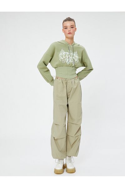 Koton Hooded Slim Fit Raster Crop Sweatshirt - Printed Corset Look