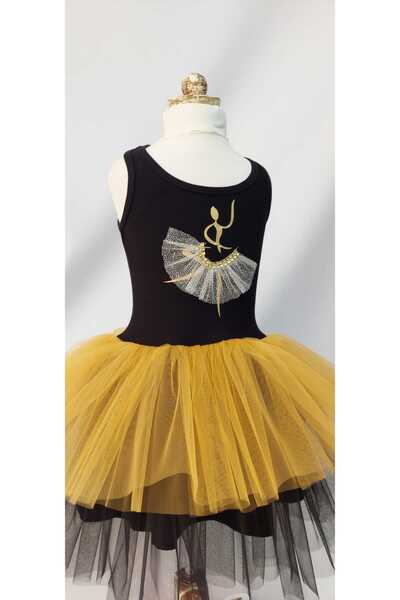 LULLY KİDS Κοριτσίστικο μαύρο ασημί/χρυσό μπαλαρίνα με στάμπα από τούλι και λεπτομέρεια από πέτρα Tutu φόρεμα