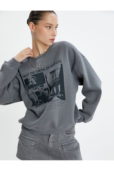 Koton Printed Sweatshirt Raised Long Sleeve Crew Neck