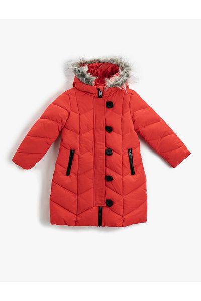 Koton Quilted Long Coat Padded Faux Fur Detailed Hooded Buttoned