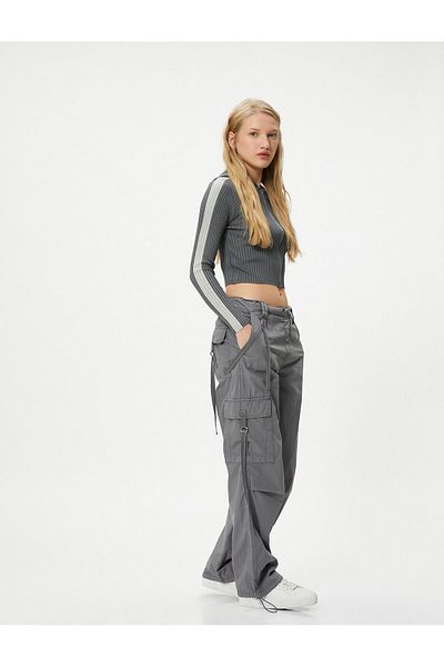 Koton Hooded Zippered Crop Cardigan with Stripe Detail Slim Fit
