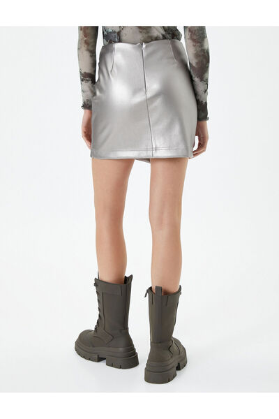Koton Γυαλιστερή Μίνι Φούστα - Διπλό, Ασημένιο Φύλλο, Ασύμμετρη Εφαρμογή