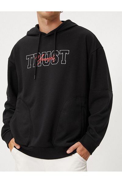 Koton Hooded Sweat Slogan Printed Pocket Detailed Long Sleeve Ribbon