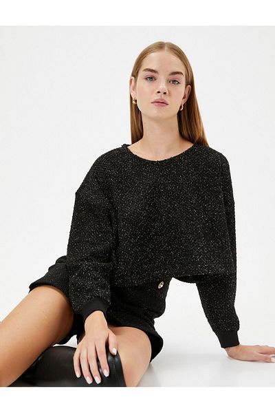 Koton Hanorac Crop Oversize Tweed cu mânecă lungă și decolteu