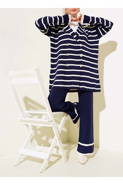 Lavanta Tekstil Navy Blue Oversize Hijab Knitwear Set - Ριγέ Μπουφάν