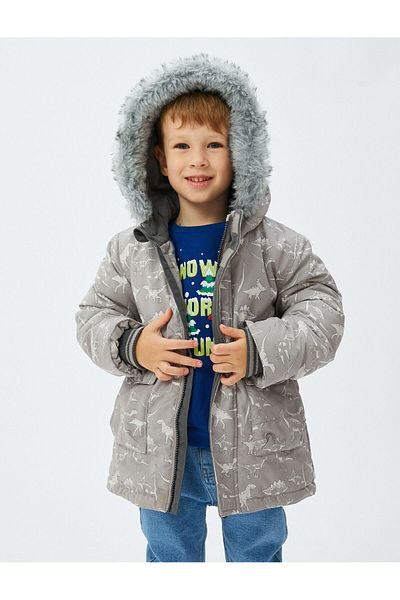 Koton Puffer Jacket Detail z umělé kožešiny s kapucí, kapsa na zip