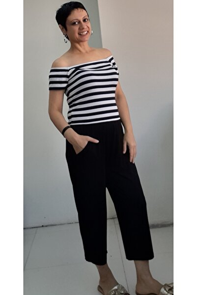 Mertcan Butik Black Elastic Waist Combed Cotton Viscose Daily Capri Pajamas