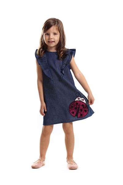 MSHB&G Marineblaues Jeans-Sommerkleid für Mädchen – Marienkäfer-Rüsche