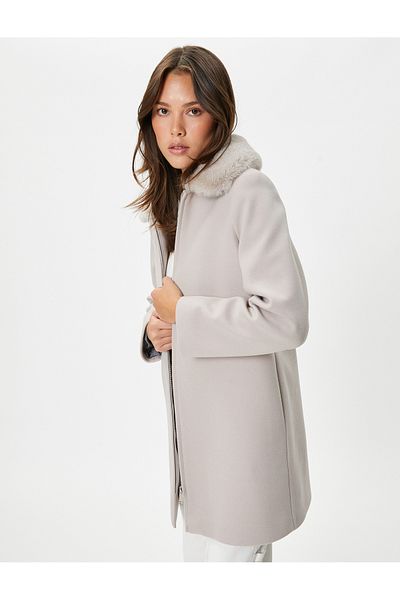 Koton Long Stretch Coat Removable Faux Fur Collar Zippered