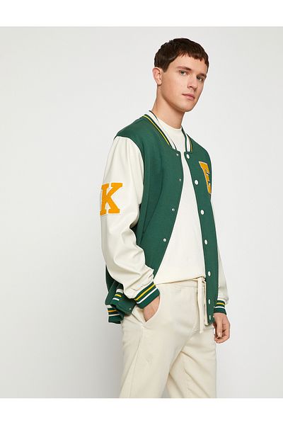 Koton College Jacket Bomber Collar with Embroidery Detail, Snap Buttons and Pockets