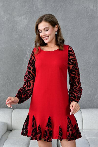 ZISHAN Kollar ve Etek Ucu Tül ve Kabartma Desenli Sıfır Yaka Midi Kadın Abiye Elbise 903