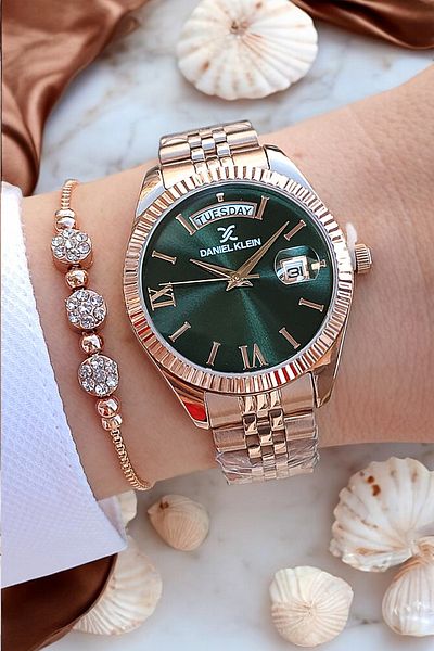 Daniel Klein Rose Gold Green Dial - New Model Women's Wristwatch with Jubilee Bracelet and Calendar and Jewelled Bracelet Gift