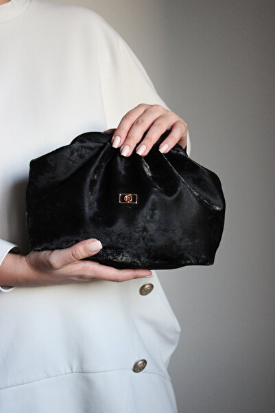 Molie Kadın Siyah Yansımalı Saten Süet Yumuşak Suni Deri Askılı Clutch Portföy Günlük / Abiye Çanta